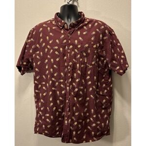 Carbon Shirt Mens 2XL Maroon Hawaiian Pineapple Cotton Short Sleeve Button-Down